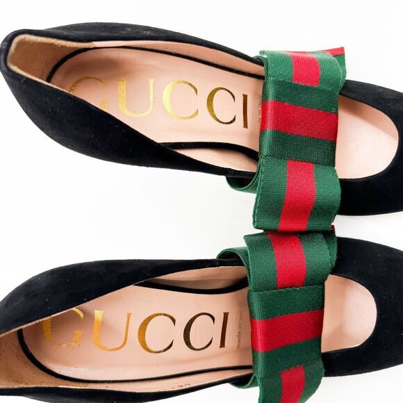 Gucci Heels Web Stripe Bow Black Suede Pumps Heels EU 37.5 US 7.5 - Picture 7 of 14